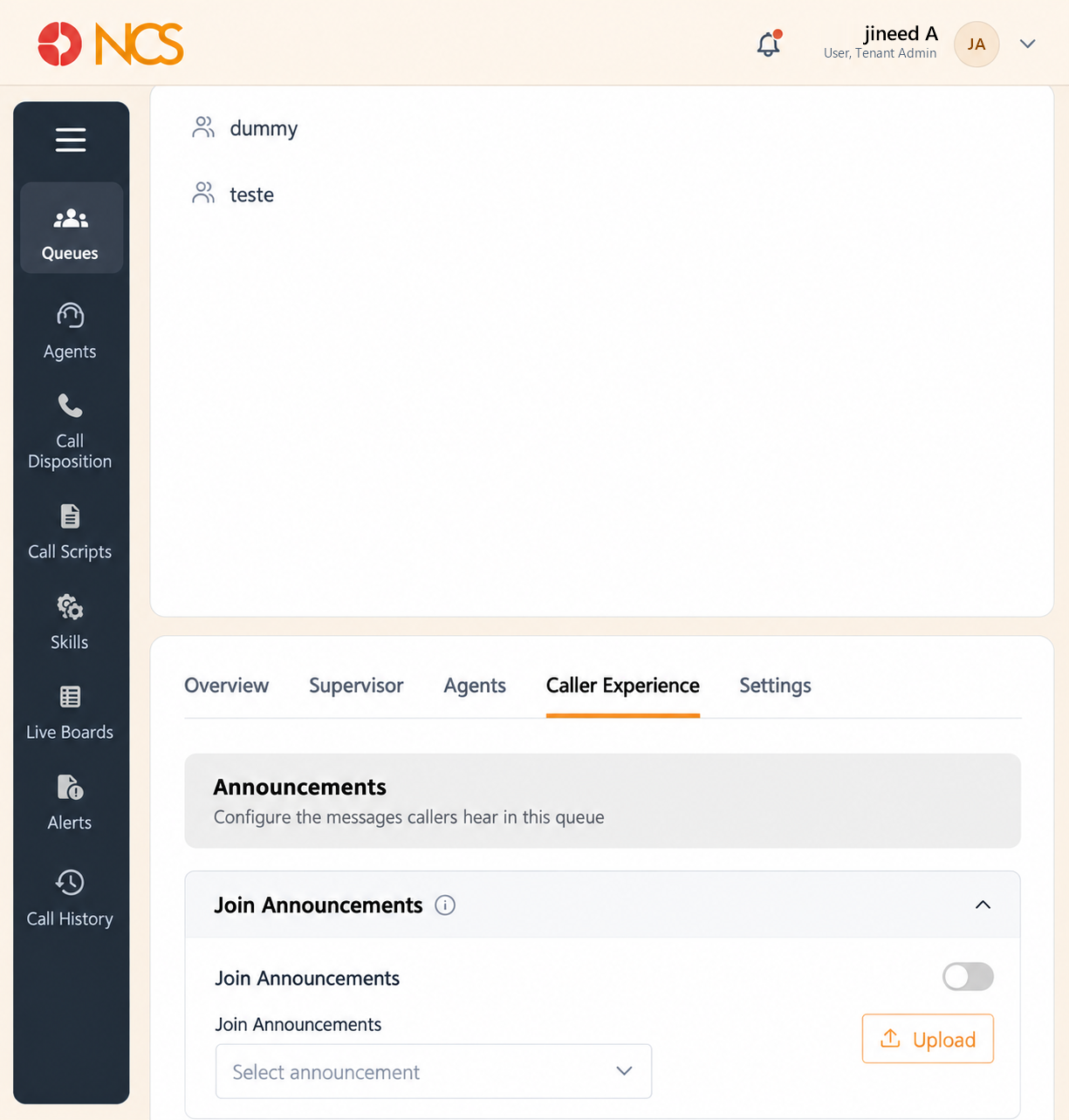 SUP 1.5 Queue المكالماتer Experience Tab