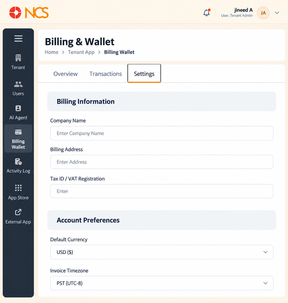 Billing الإعدادات Tab