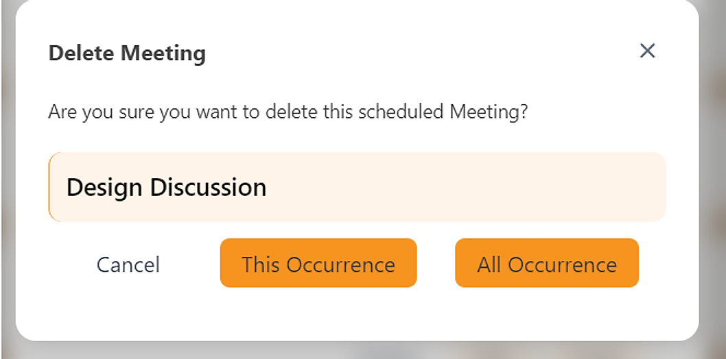 Delete Meeting confirmation modal for a recurring meeting with This Occurrence and All Occurrence buttons