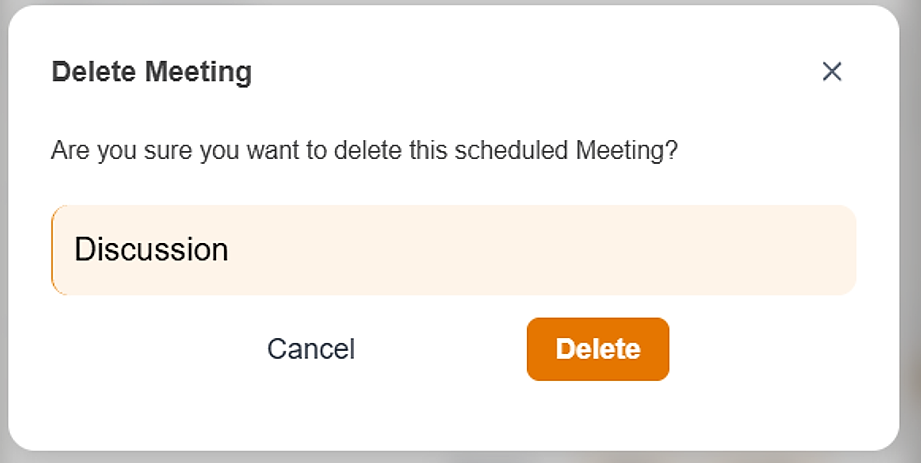 Delete Meeting confirmation modal for a non-recurring meeting