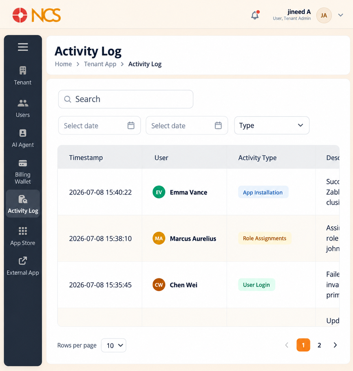 Search and Filter Activity Log