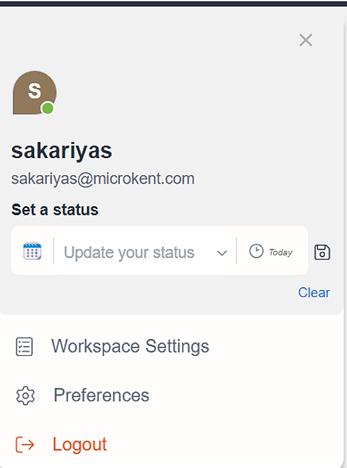My Profile modal with Set a status, Workspace Settings, Preferences and Logout