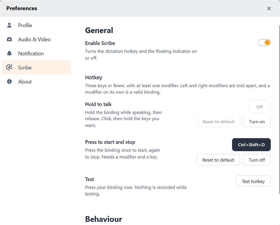 Preferences modal on the Scribe tab