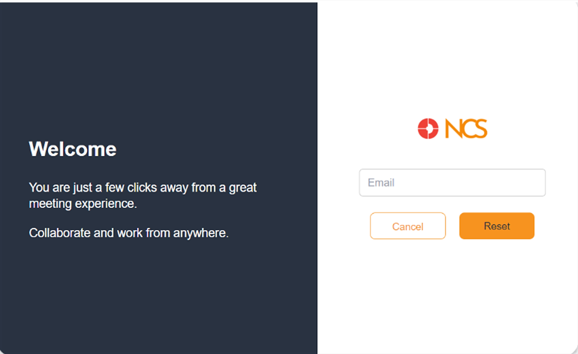 NCS password reset page with Email field and Cancel and Reset buttons