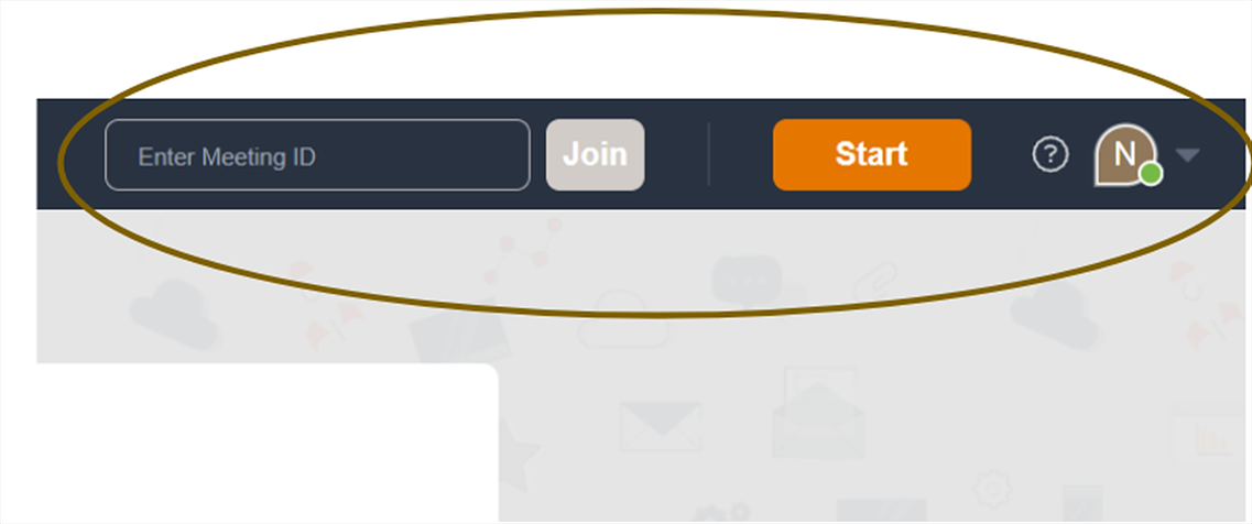 Enter Meeting ID field, Join and Start buttons, help and profile icons highlighted in the top bar