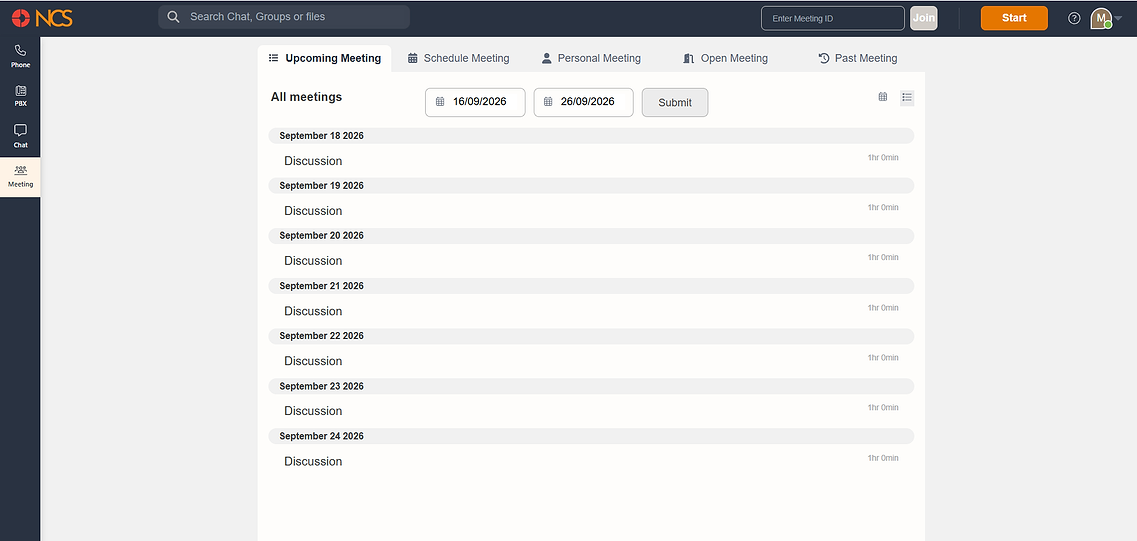 Upcoming Meeting tab in List View