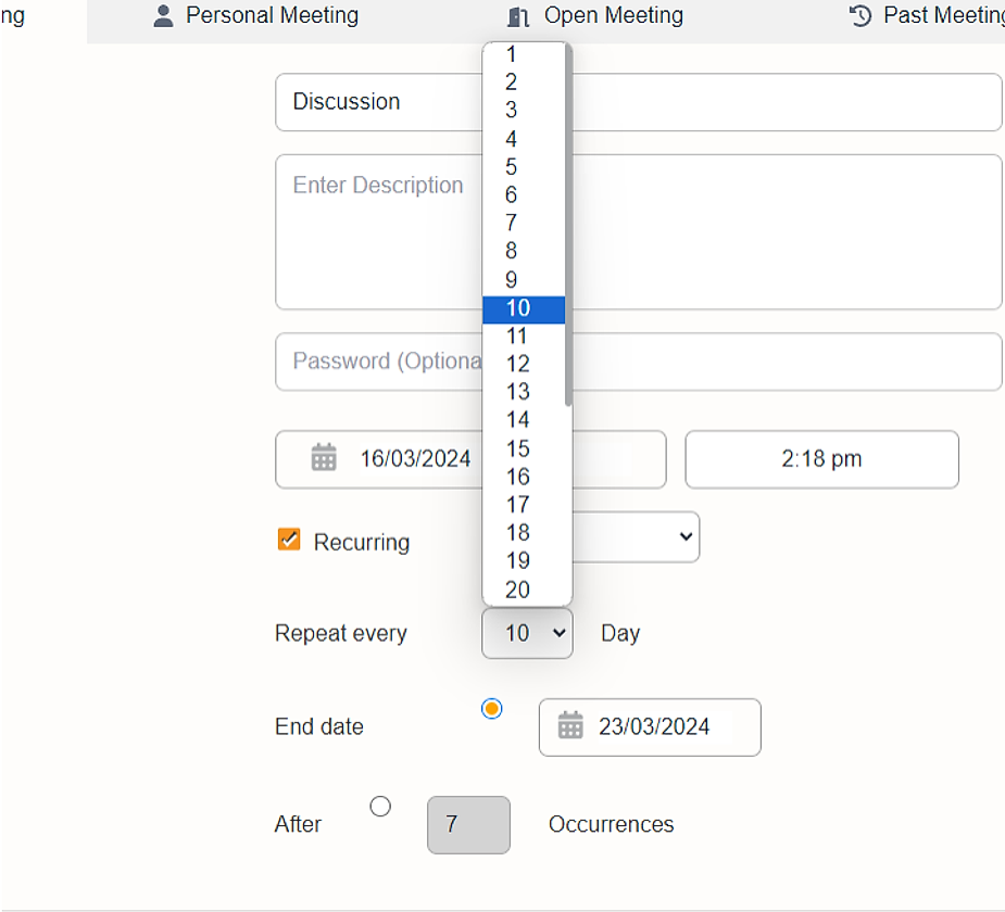 Daily recurrence with the Repeat every dropdown open
