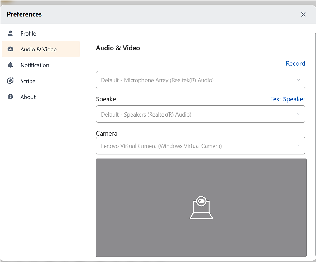 Preferences modal on the Audio & Video tab