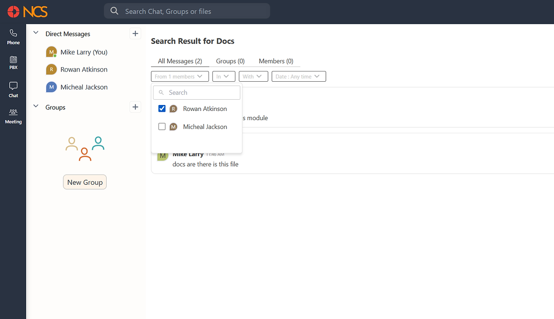 Search results with the In filter open