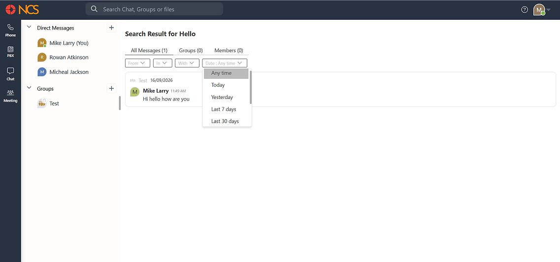 Search results with the Date dropdown showing quick time periods