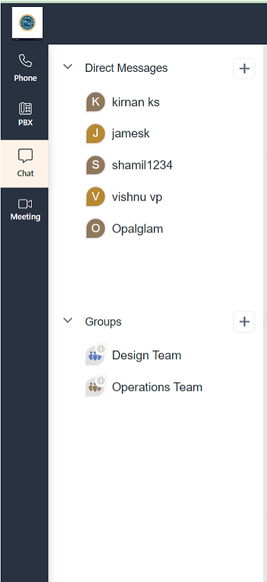 Chat left panel with Direct Messages and Groups