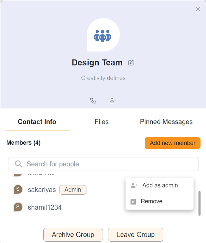 Group Profile modal with member options Add as admin and Remove