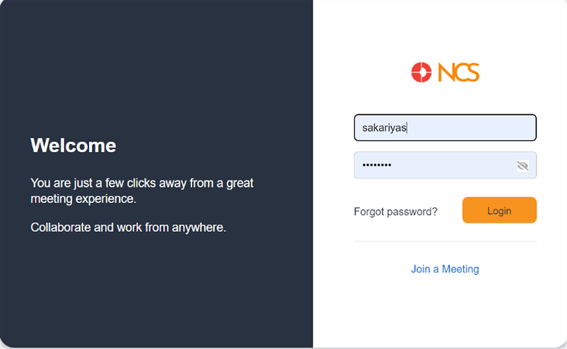 NCS login page with Email ID, Password, Login button and Join a Meeting link