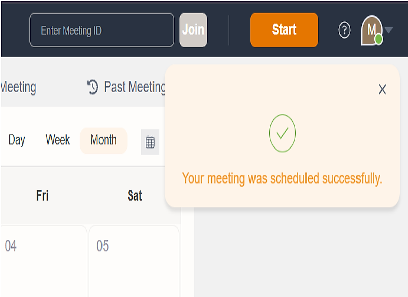 Your meeting was scheduled successfully message