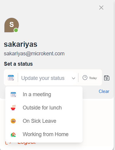 My Profile status dropdown with preset statuses