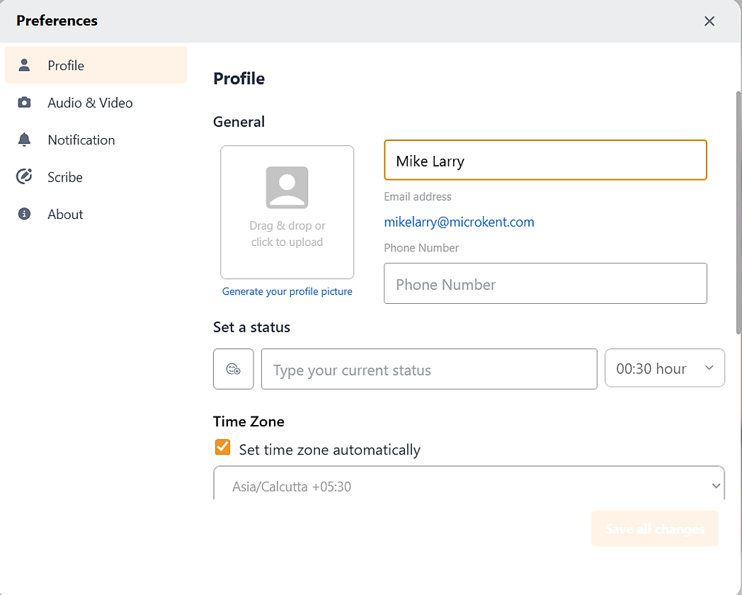 Preferences modal on the Profile tab