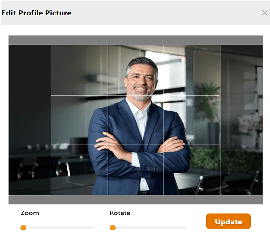 Edit Profile Picture modal with Zoom and Rotate sliders