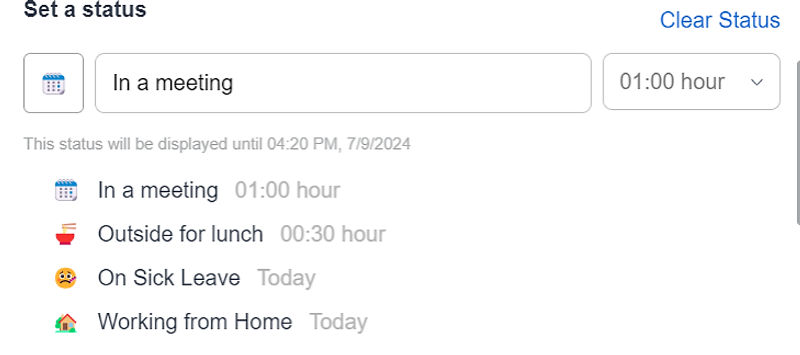 Set a status section with preset statuses and Clear Status