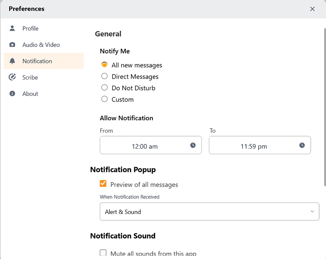 Preferences modal on the Notification tab