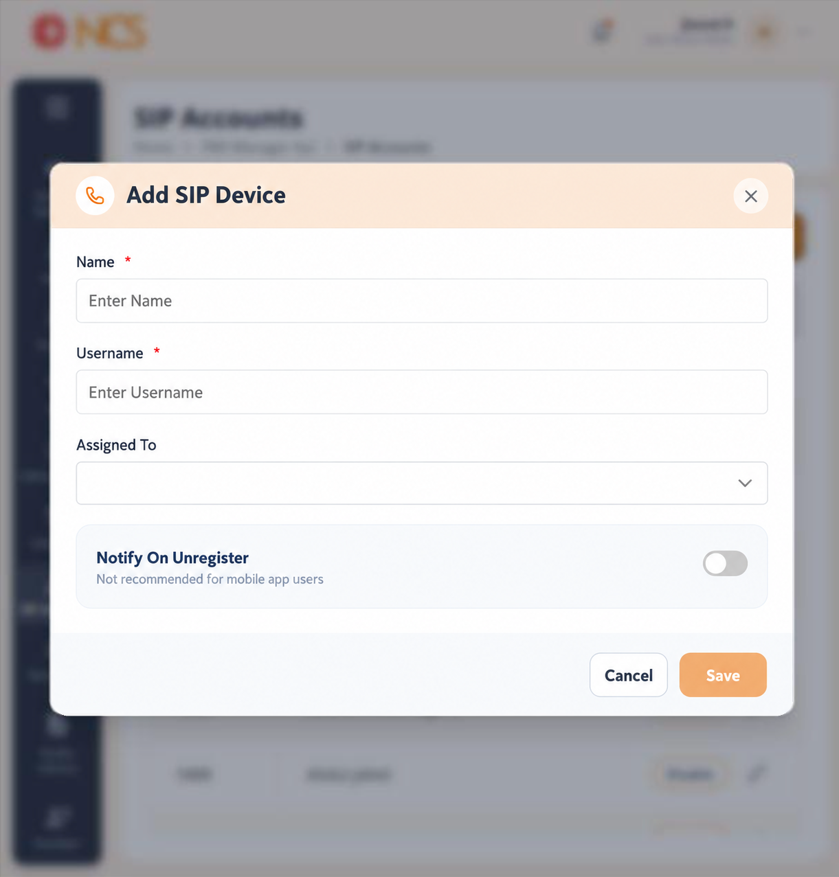 Formulário Adicionar Dispositivo SIP