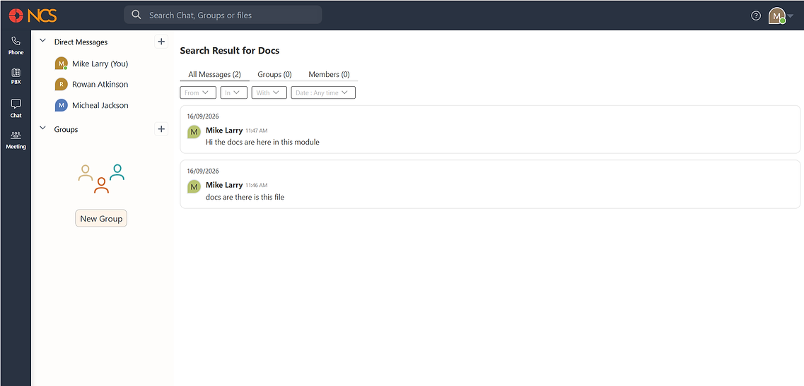 Search results page with All Messages, Groups and Members tabs